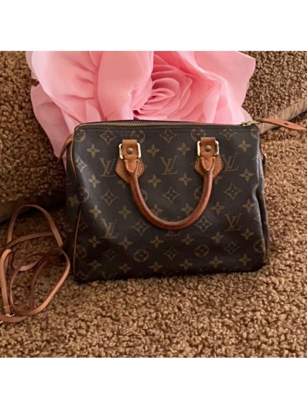 Louis Vuitton Monogram Canvas Leather Speedy Bag With Strap